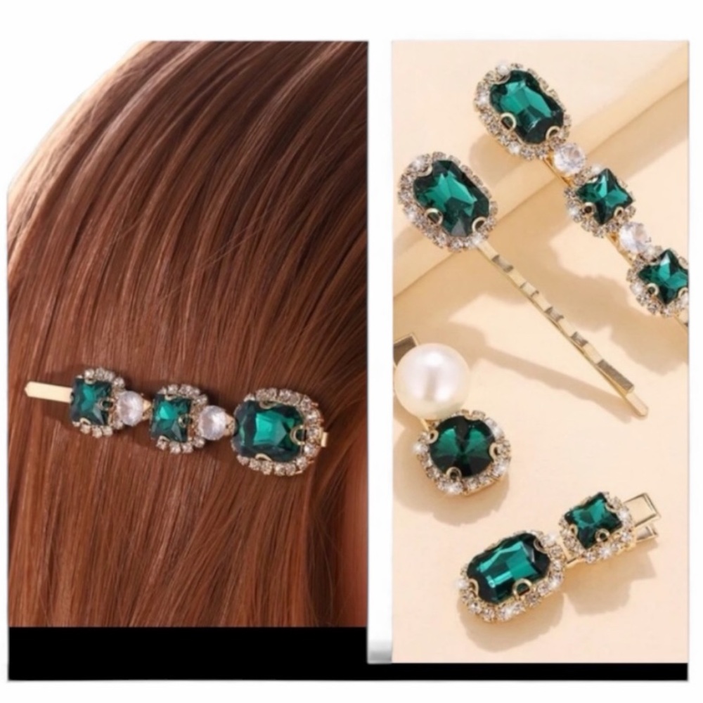 NEW• Sugared + Bronzed Elegant Emerald Green Gemstone Hair Clip Set